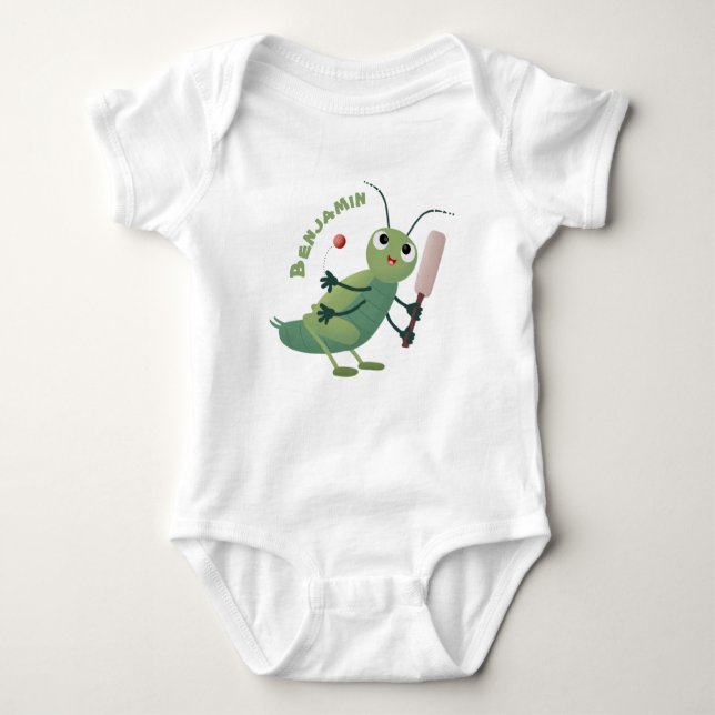 Cute green cricket insect cartoon illustration baby bodysuit (Front)