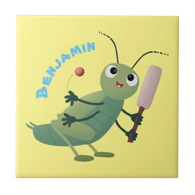 Cute green cricket insect cartoon illustration ceramic tile (Front)