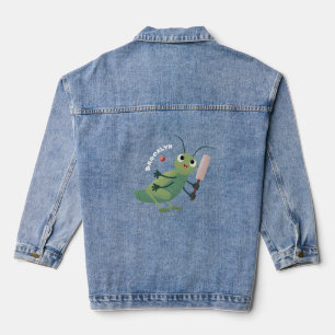 Cute green cricket insect cartoon illustration denim jacket