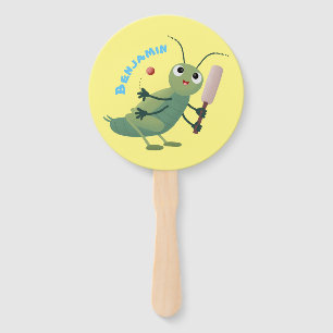 Cute green cricket insect cartoon illustration hand fan