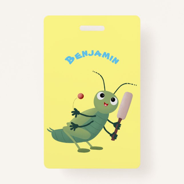 Cute green cricket insect cartoon illustration ID badge (Front)
