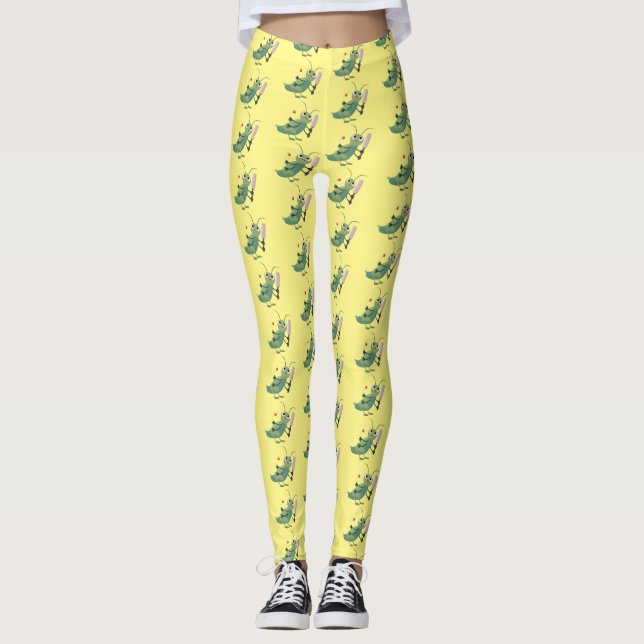 Cute green cricket insect cartoon illustration leggings (Front)