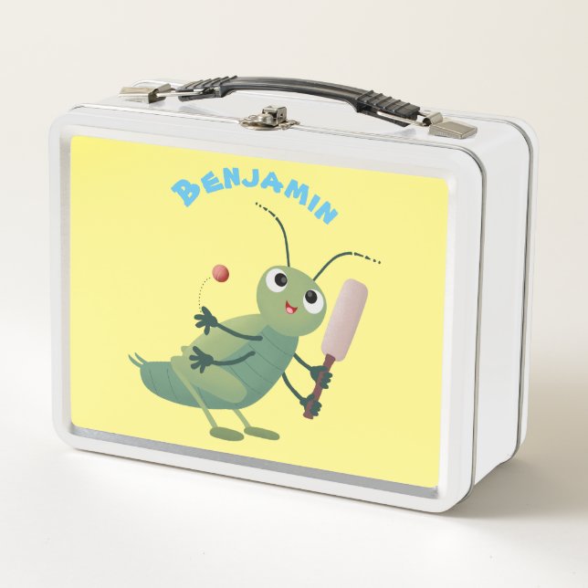 Cute green cricket insect cartoon illustration metal lunch box (Front)