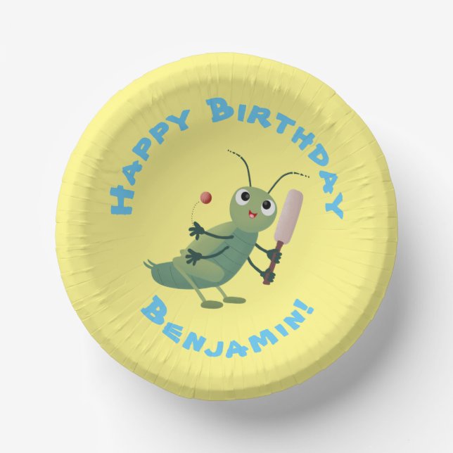 Cute green cricket insect cartoon illustration paper plate (Front)