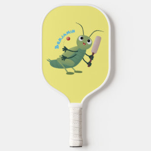 Cute green cricket insect cartoon illustration pickleball paddle