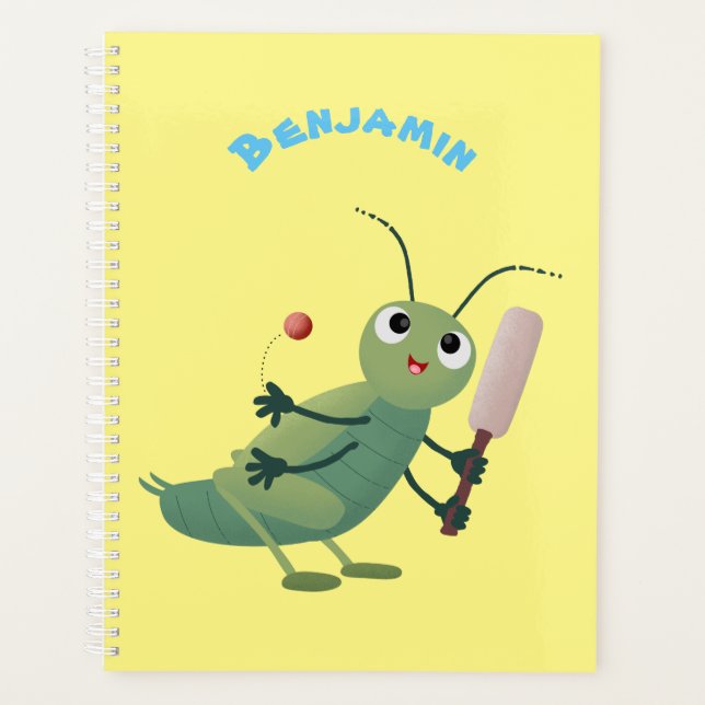 Cute green cricket insect cartoon illustration planner (Front)
