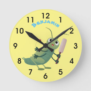 Cute green cricket insect cartoon illustration round clock