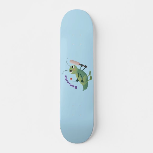 Cute green cricket insect cartoon illustration skateboard (Front)