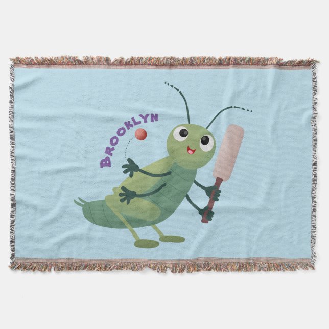 Cute green cricket insect cartoon illustration throw blanket (Front)
