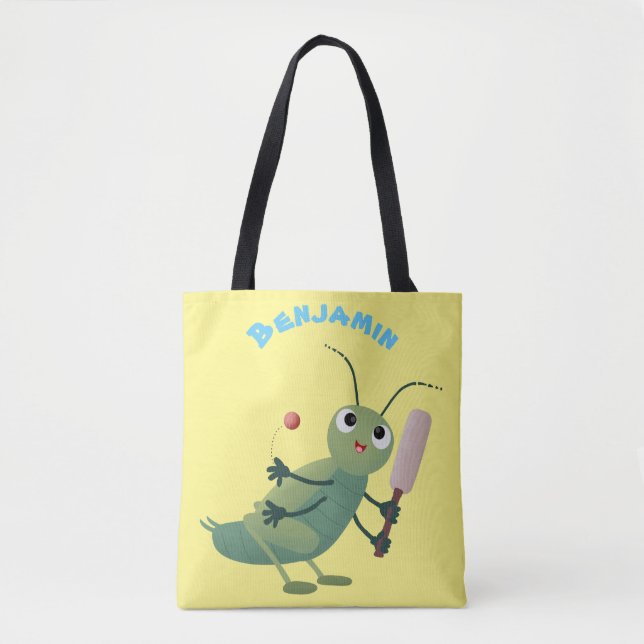 Cute green cricket insect cartoon illustration tote bag (Front)