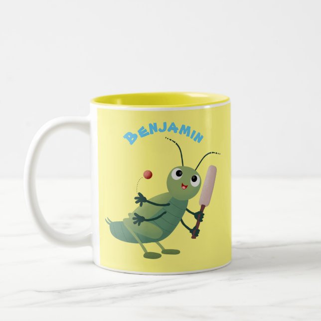 Cute green cricket insect cartoon illustration Two-Tone coffee mug (Left)