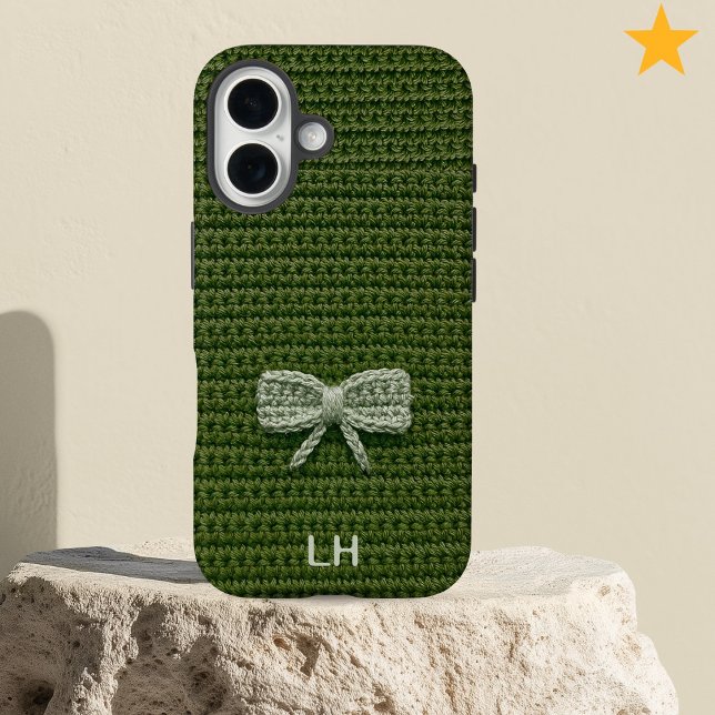 Cute Green Crochet Bow Yarn Custom Name Case-Mate iPhone Case (Creator Uploaded)