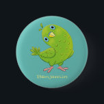 Cute green curious parakeet cartoon illustration 6 cm round badge<br><div class="desc">This cute green parakeet is curious and fun! Drawn in happy cartoon illustration style.</div>