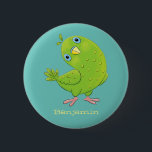 Cute green curious parakeet cartoon illustration 6 cm round badge<br><div class="desc">This cute green parakeet is curious and fun! Drawn in happy cartoon illustration style.</div>