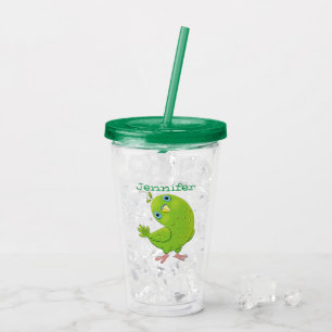 Cute green curious parakeet cartoon illustration acrylic tumbler