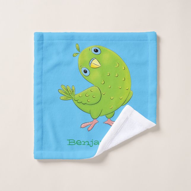 Cute green curious parakeet cartoon illustration bath towel set (Wash Cloth)