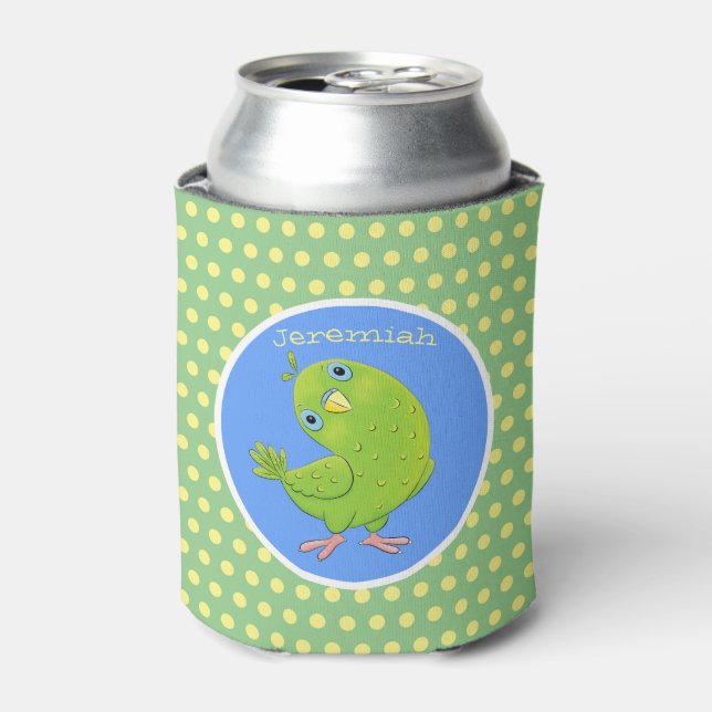 Cute green curious parakeet cartoon illustration can cooler (Can Front)