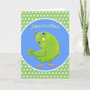 Cute green curious parakeet cartoon illustration card