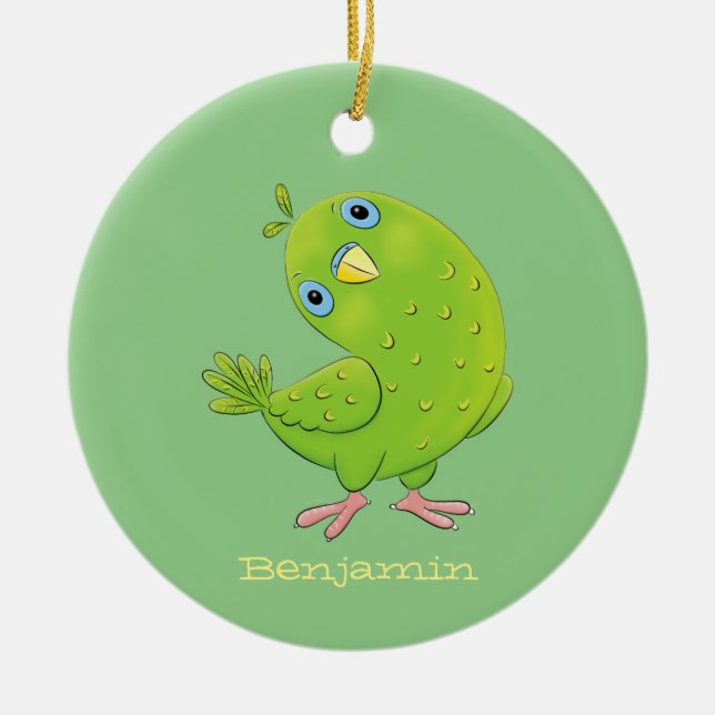 Cute green curious parakeet cartoon illustration ceramic ornament (Front)