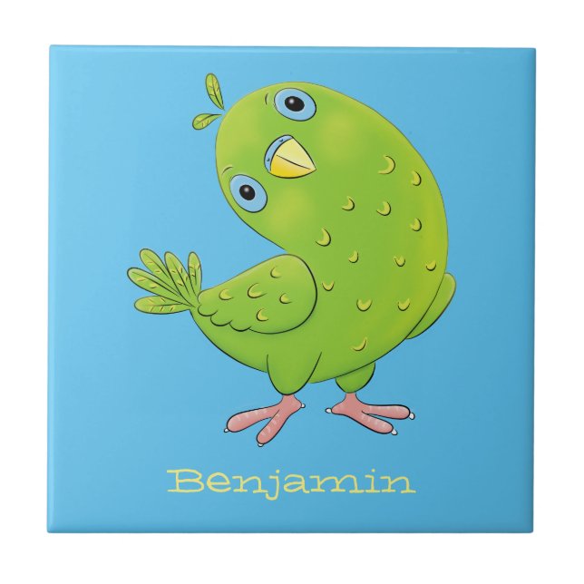 Cute green curious parakeet cartoon illustration ceramic tile (Front)