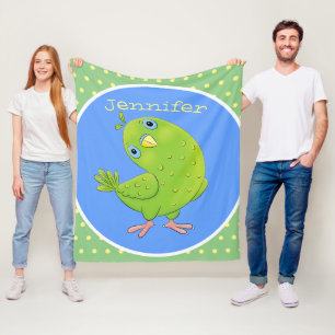 Cute green curious parakeet cartoon illustration fleece blanket
