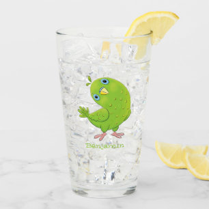 Cute green curious parakeet cartoon illustration glass