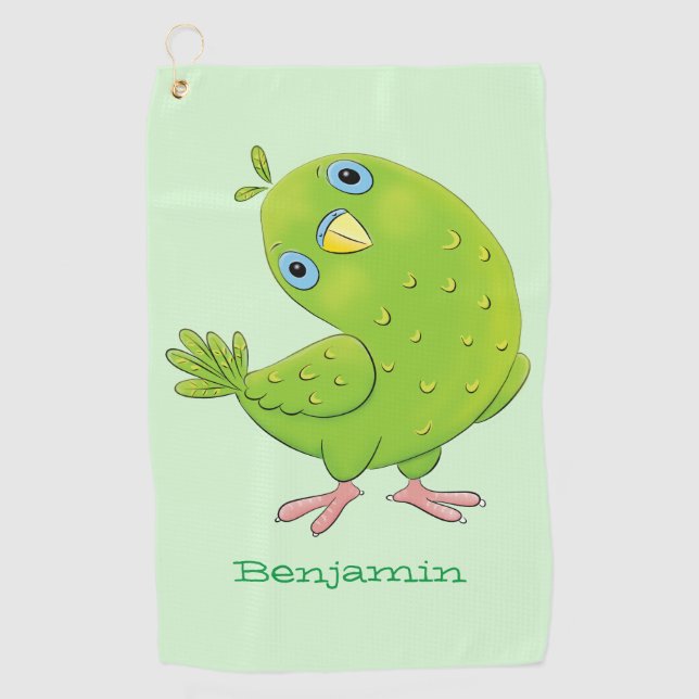 Cute green curious parakeet cartoon illustration golf towel (Front)