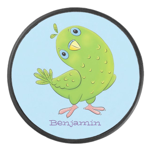 Cute green curious parakeet cartoon illustration hockey puck (Front)