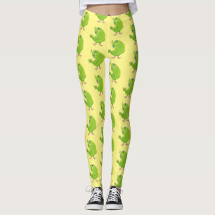 Cute green curious parakeet cartoon illustration leggings
