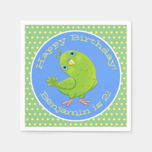 Cute green curious parakeet cartoon illustration n napkin