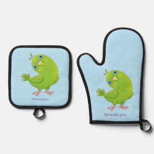 Cute green curious parakeet cartoon illustration oven mitt & pot holder set