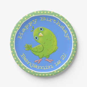 Cute green curious parakeet cartoon illustration paper plate