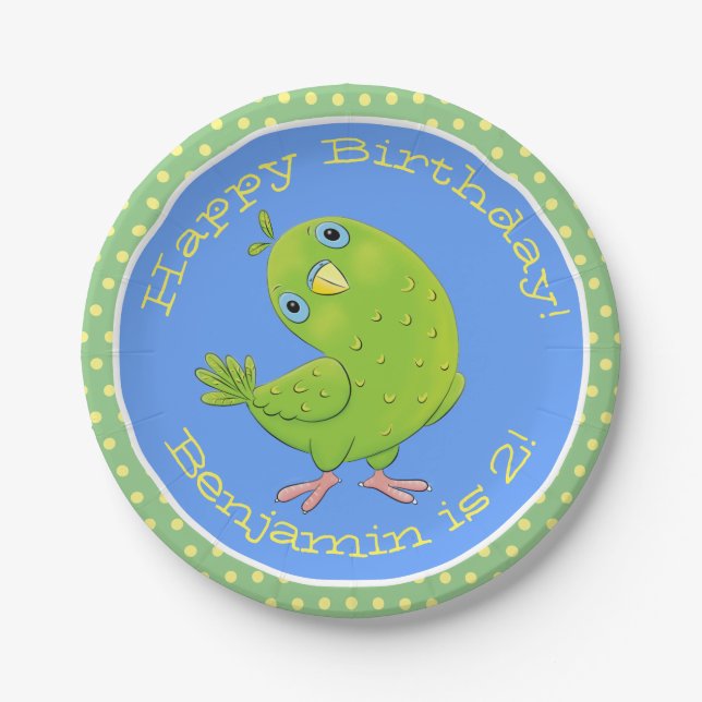 Cute green curious parakeet cartoon illustration paper plate (Front)