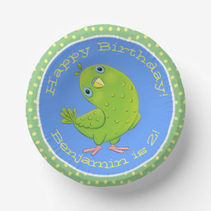 Cute green curious parakeet cartoon illustration paper plate