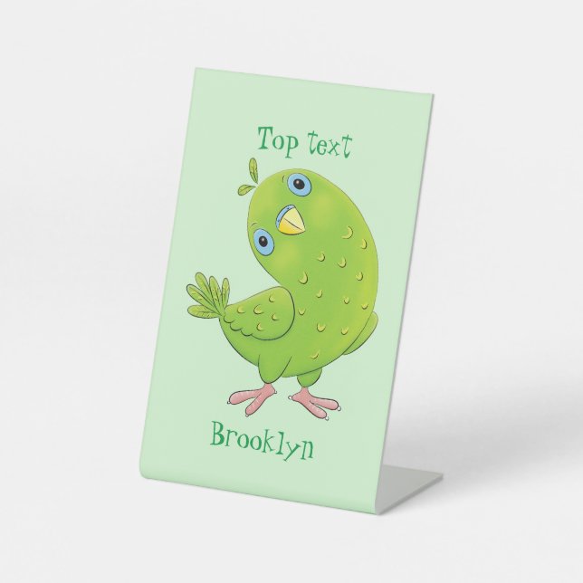 Cute green curious parakeet cartoon illustration pedestal sign (Front)