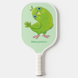 Cute green curious parakeet cartoon illustration pickleball paddle