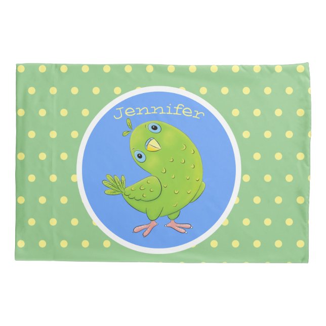 Cute green curious parakeet cartoon illustration pillowcase (Back)