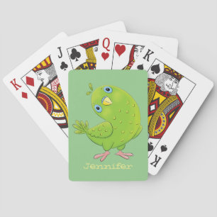Cute green curious parakeet cartoon illustration playing cards