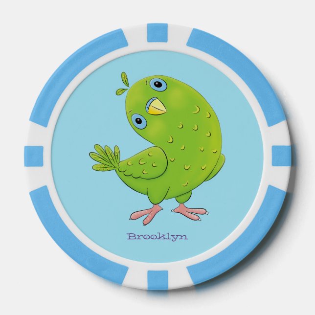 Cute green curious parakeet cartoon illustration poker chips (Front)