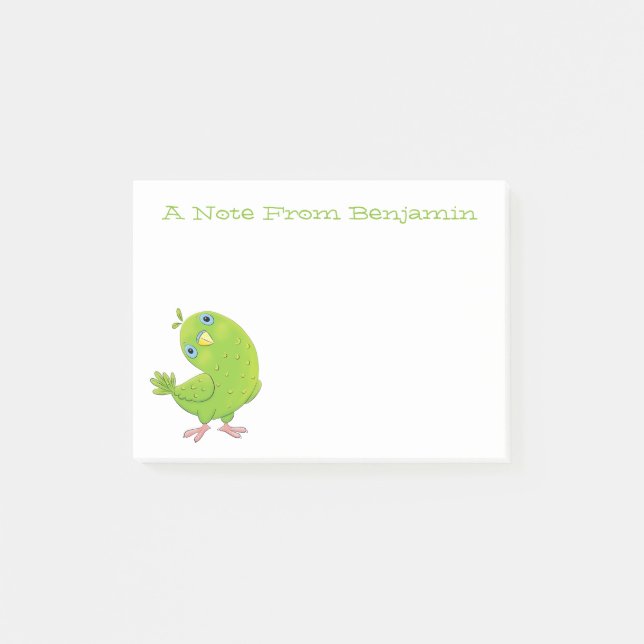 Cute green curious parakeet cartoon illustration post-it notes (Front)