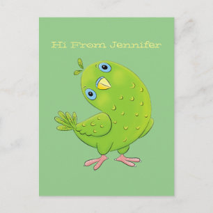 Cute green curious parakeet cartoon illustration postcard