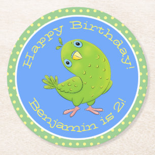 Cute green curious parakeet cartoon illustration round paper coaster