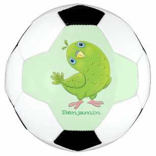 Cute green curious parakeet cartoon illustration soccer ball