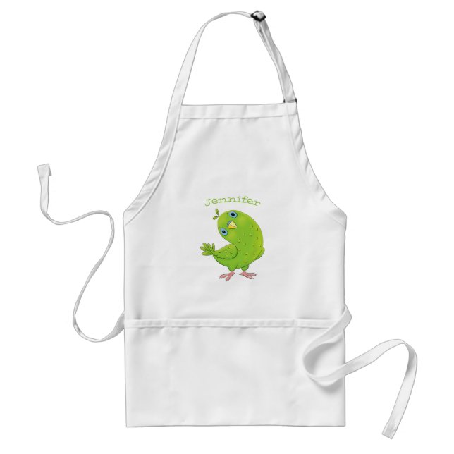Cute green curious parakeet cartoon illustration standard apron (Front)