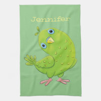 Cute green curious parakeet cartoon illustration