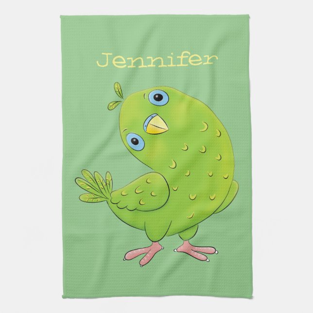 Cute green curious parakeet cartoon illustration tea towel (Vertical)