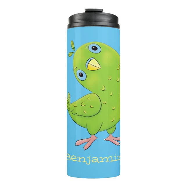 Cute green curious parakeet cartoon illustration thermal tumbler (Front)