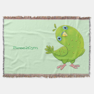 Cute green curious parakeet cartoon illustration throw blanket