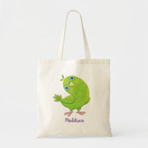 Cute green curious parakeet cartoon illustration tote bag
