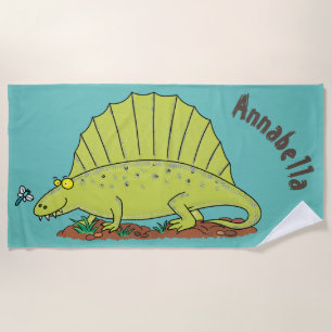 Cute green dimetrodon cartoon illustration beach towel